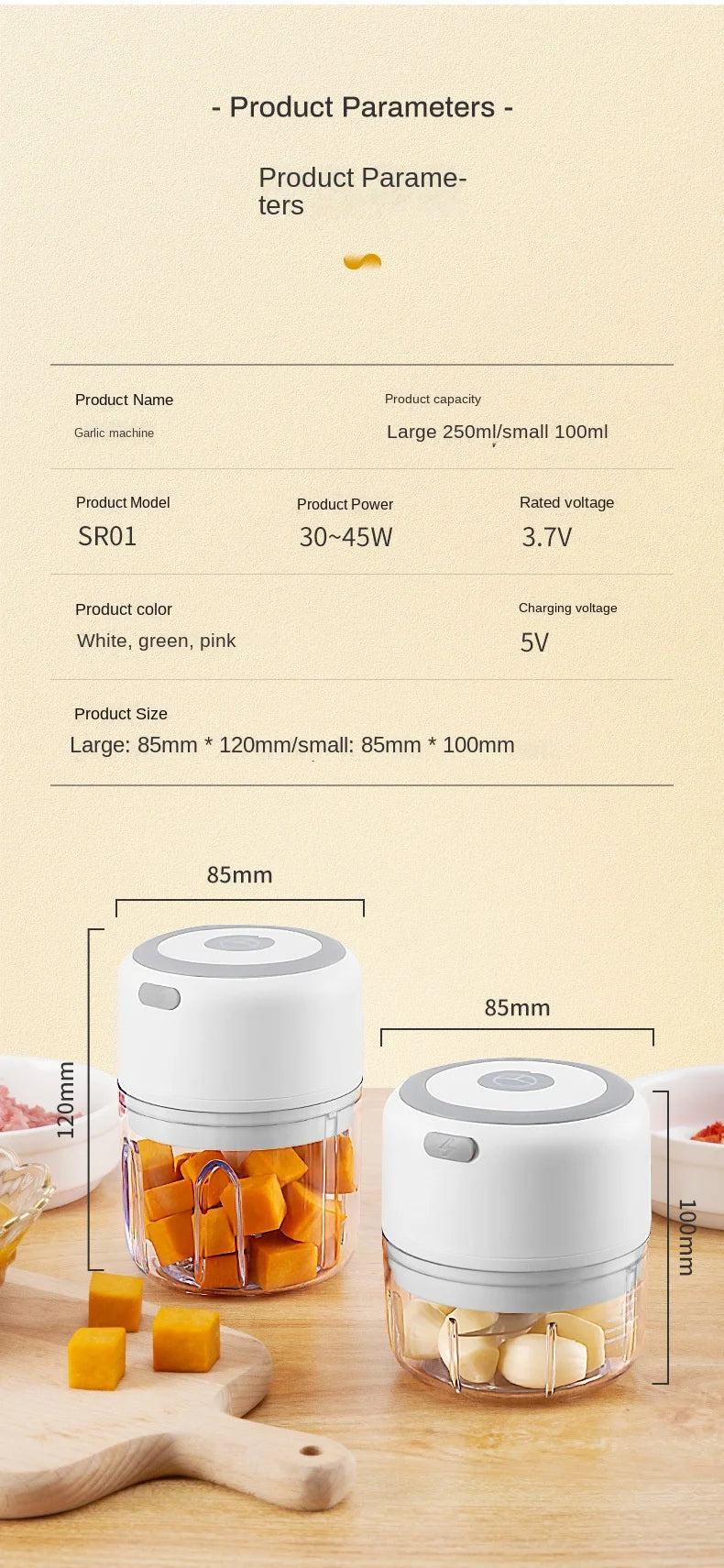 Chopper elétrico sem fio, Mini USB, Esmagador de alho, Utensílios de cozinha, Ferramenta de frutas e vegetais, 100 ml, 250ml